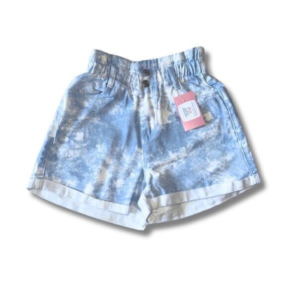 Blue White Tie Die Paperbag Denim Shorts - Picture 2 of 15